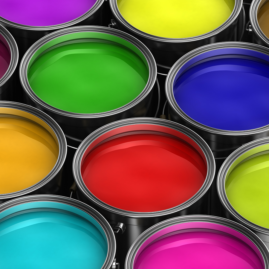 Paint buckets with various colored paint